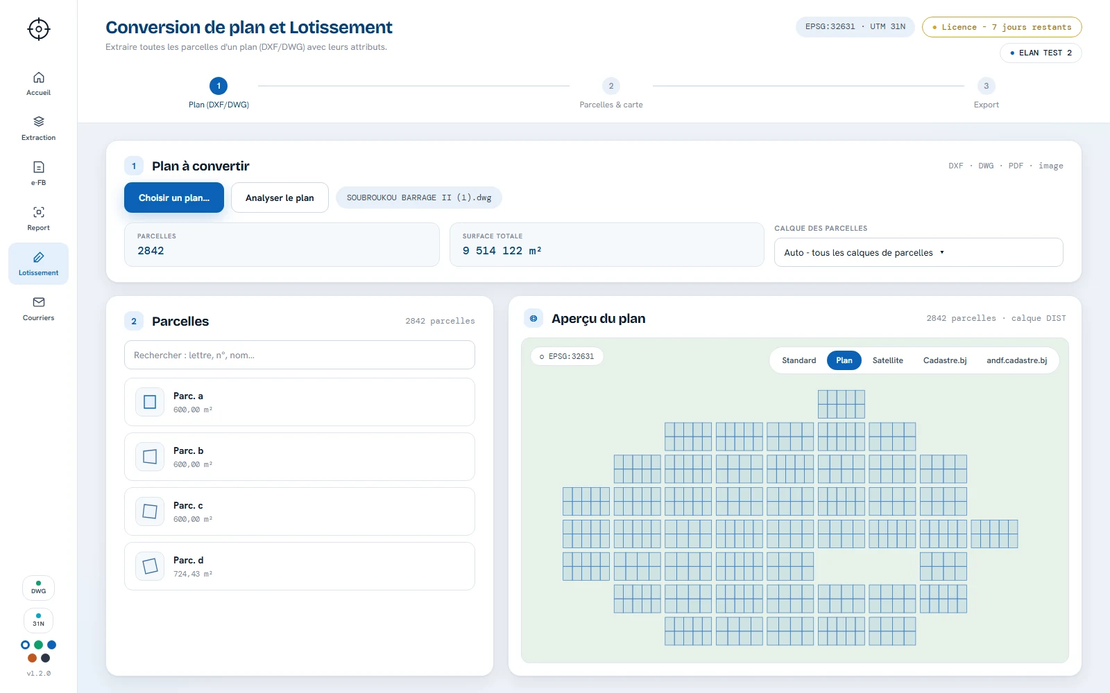 Module Conversion de plan et DAO : extraction des parcelles d'un plan et édition des attributs