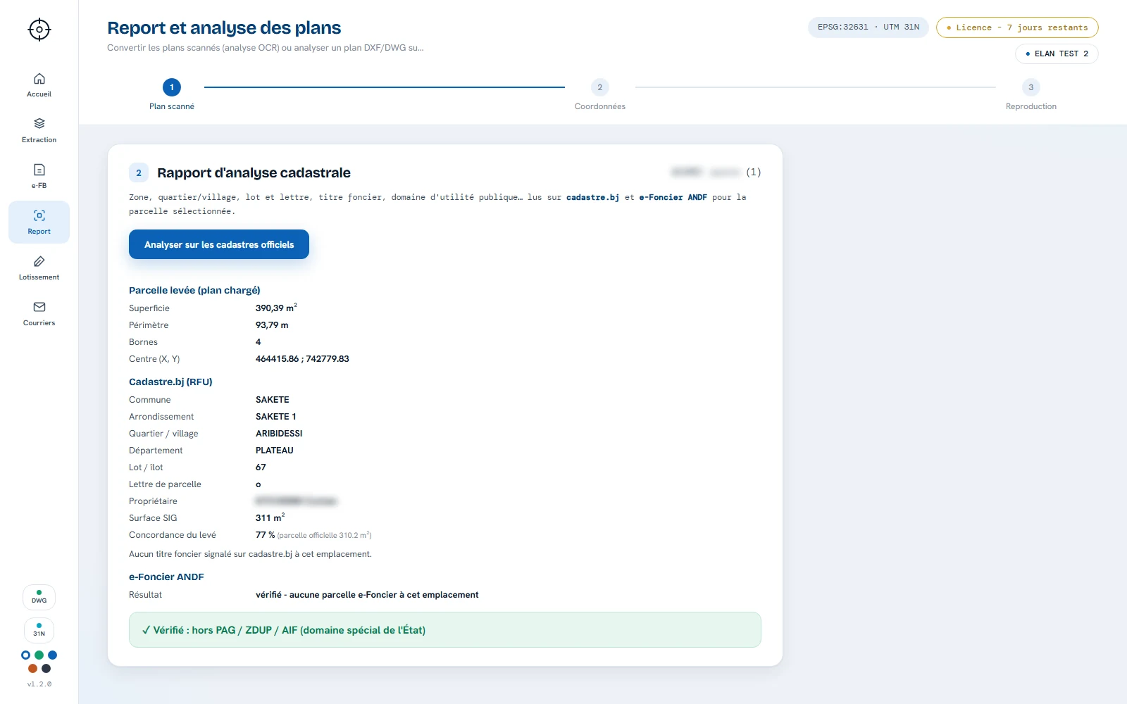Module Report et analyse : rapport d'analyse cadastrale avec concordance du levé et vérification e-Foncier ANDF